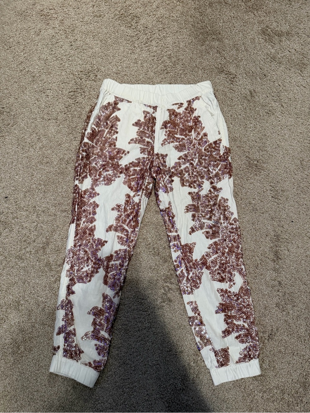 J. Crew White Joggers with Rose Gold Sequin Floral Detailing